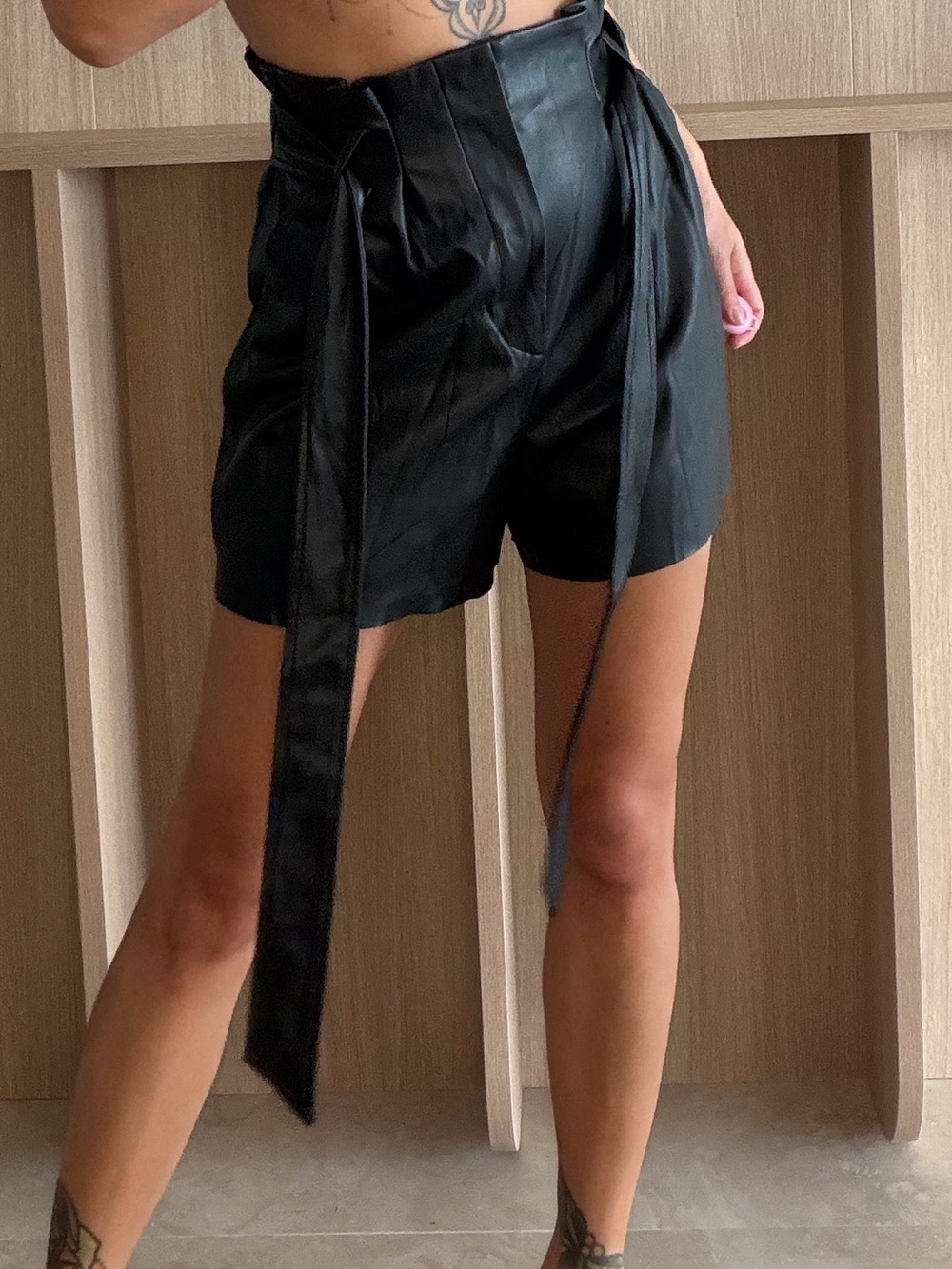Zara Black High-Waist Faux Leather Tie-Front Shorts